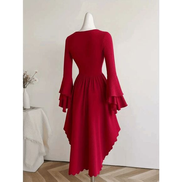 Boho Western V-Neck Double Layered Long Sleeve Ruffle Peplum Dress - Picture 3 of 5